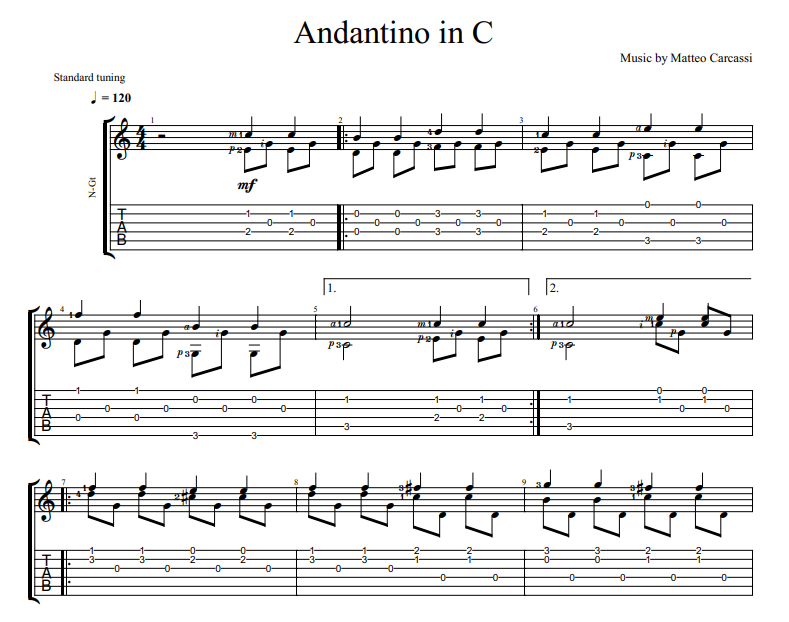 Matteo Carcassi - Andantino in C sheet music for guitar tab